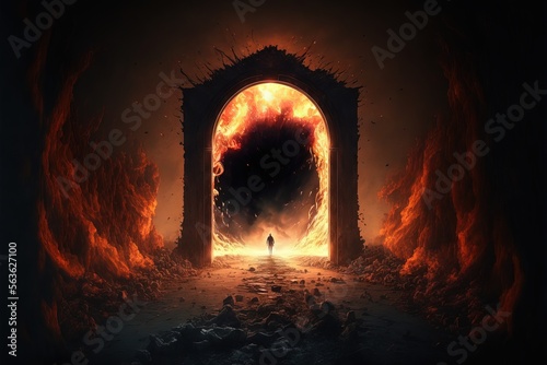 illustration numérique fantastique d'un personnage traversant un grand portail magique en flammes vers un autre monde épique