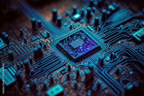 Abstract microchip mother board background. Computer chip network for artificial intelligence, cyber security, big data concept design blue shade