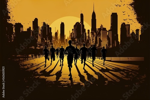 Dynamic marathon runnergroup silhouette running in a big city on a big open field silhouette background with skyscrapers and shadows in the sunset with yellow and orange colors