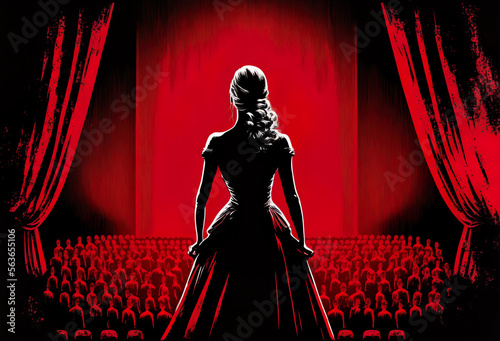 An young attractive actress in long dress standing on a theatre stage. Back view. Red and black illustration. Created with Generative AI. Not a real person.