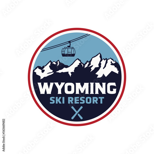 Wyoming ski resort logo design vector badge with mountain jackson snowboard