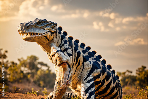 abstract hybrid animal a alligator and tiger mix walking on fields near woods, generative AI