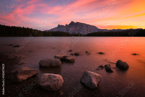 Sunset of Mt. Rundle at Two Jack Lake in Banff National Park