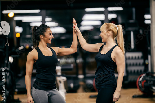Teamwork. Two sportswomen is giving high five for progress and achievement in a gym.