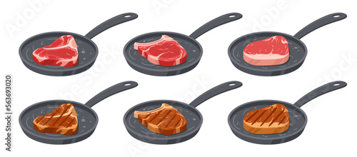 Raw and roasted meat steak on fried pan. Cartoon pork and beef steaks cooking process, roasted or grilled meat semi-finished products flat vector illustration set