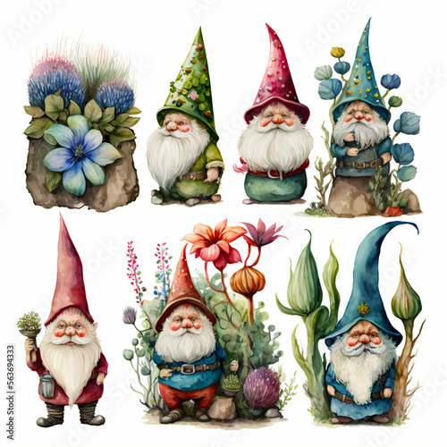 set of garden gnomes drawings isolated on a white background Generative Ai