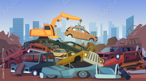 Car dump. Damaged destroyed old broken cars in big stack for recycling processes exact vector junkyard cartoon background