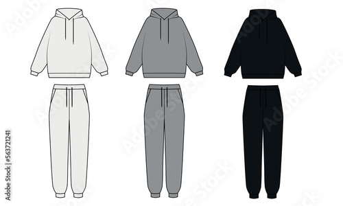 Outline vector set of drawings of fashionable tracksuits in white, gray and black colors. Vector sketch of hoodie and sweatpants, joggers with pockets. Set of technical drawing pajamas, vector.