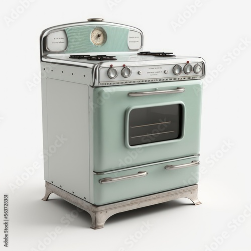 Detailed illustration of a vintage retro stove oven from 1968 isolated on a white background, generative ai