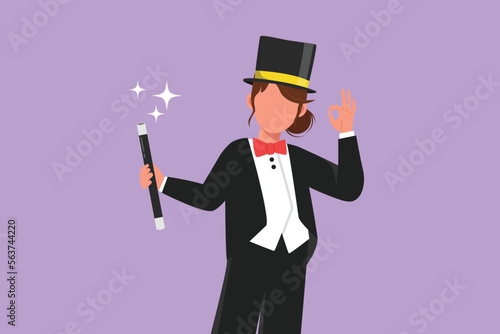 Cartoon flat style drawing beautiful female magician in tuxedo suit with okay gesture wearing hat and holding magic stick ready to entertain audience in circus show. Graphic design vector illustration