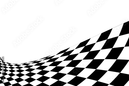 Wavy race flag or chessboard texture. Black and white checkered pattern warped in perspective. Motocross, rally, sport car or chess game competition background