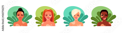 Portraits of young women with vitiligo. Diverse female characters with skin losing pigment. Vector cartoon avatar set of happy girls with depigmentation patches on body on leaves background