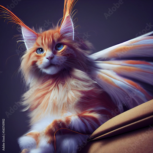 Cute fantasy long haired orange calico cat with feathery wings and tufted ears