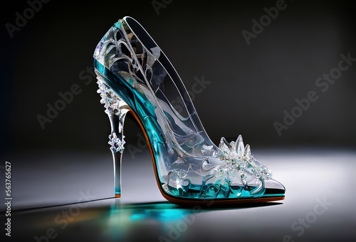 A crystal glass slipper, reminiscent of a fairytale, embodies elegance and grace with its delicate design, featuring a slender heel for a touch of sophistication