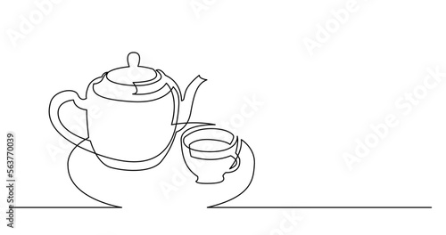 continuous line drawing vector illustration with FULLY EDITABLE STROKE of cup of tea and tea pot