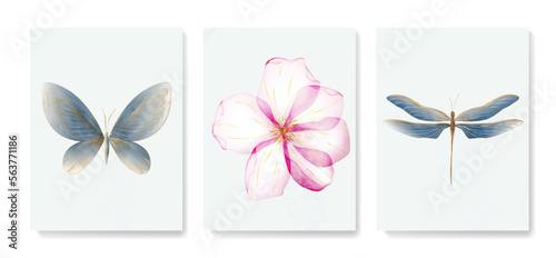 Luxury art background with butterfly, dragonfly and flower hand drawn in watercolor style. A set of prints for decor, posters, invitations, wallpapers, interior design, packaging.