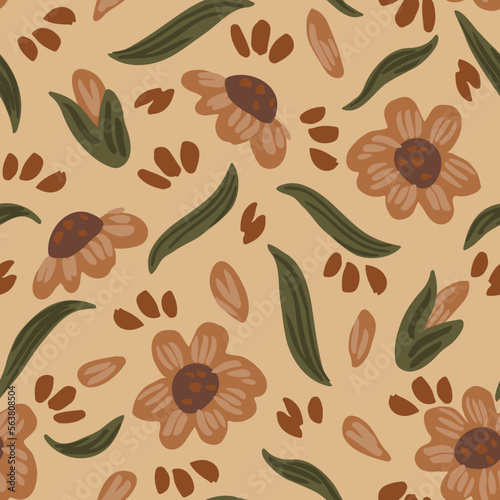 Falling out flowers and leaves in a neutral palette of brown, burnt orange and olive green over beige background. Great for home decor, fabric, wallpaper, stationery, design projects.