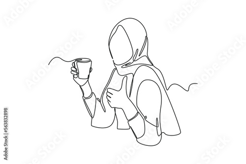 Single one line drawing muslim woman breaking fast with drinking water. Ramadan activity Concept. Continuous line draw design graphic vector illustration.