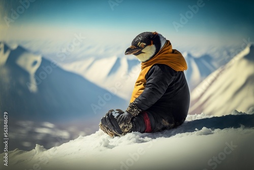 personnage de pingouin habillé assis au sommet d'une montagne enneigée - illustration ia