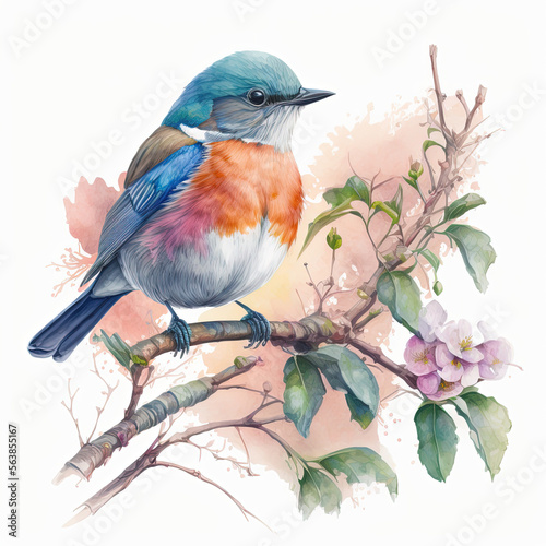 Watercolor bird illustration, isolated on light background, generative AI