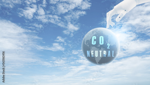 Carbon neutral concept. Robot hand touch CO2 neutral in globe map on blue sky background. Carbon neutral web banner. Global carbon neutrality concept. AI and environmental protection concept.