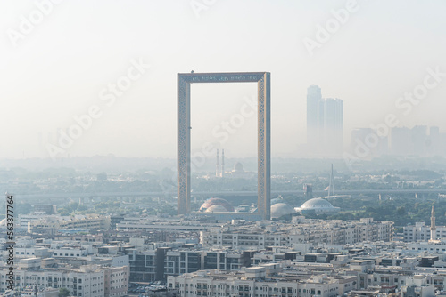 Amazing panoramic view of the world largest gold frame made in Dubai, UAE Dubai frame featuring Dubai skyline on day
