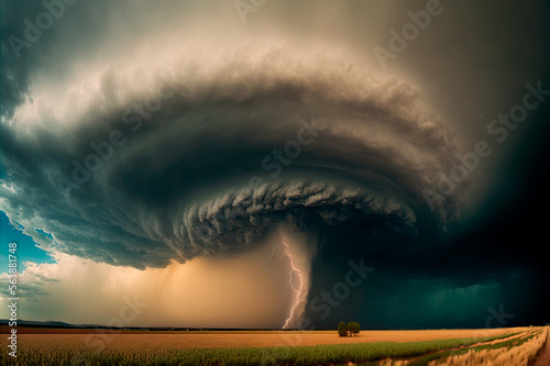 supercell storm with tornado and lightning over a crop field, generative ai