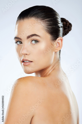 Skincare, beauty and portrait of woman on a white background for cosmetics, makeup and facial treatment. Spa aesthetic, dermatology and face of female with glowing skin, healthy body and wellness