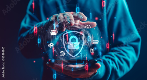 Cybersecurity and privacy concepts to protect data. Lock icon and internet network security technology. Businessman protecting personal data on smartphone, virtual screen interfaces. cyber security.