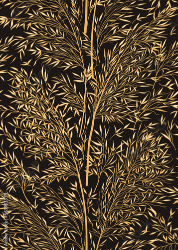Botanical seamless pattern with pampas grass. Dark background. Yellow tones. Vector illustration with dry grasses. Ornament for wallpaper, wrapping, textile. Engraving.