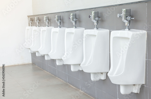 Men's room with white porcelain urinals in line. Modern clean public toilets with tiles. Comfort male toilet urinal concept.