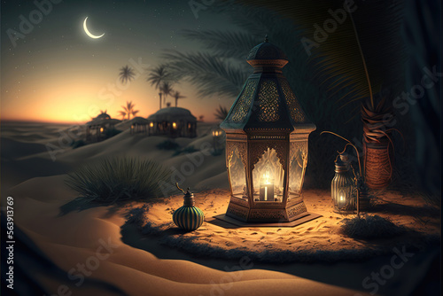 Arabic ramadan lantern with burning candle, generative ai