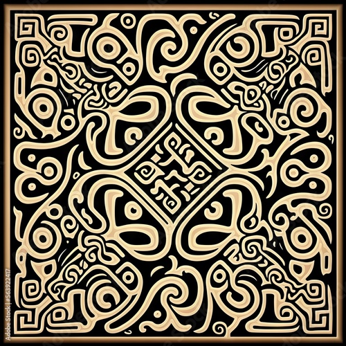 Ainu Traditional Folk Pattern in 1500s European Woodcut Style - Limited Color Palette of Black Ink Outlines on Full White Background