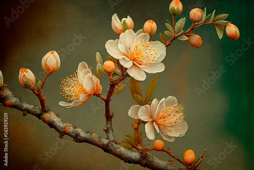 Closeup of spring apricot blossom flower on dark bokeh background.