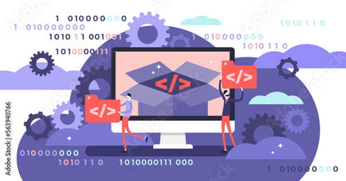Open source illustration, transparent background. Flat tiny programming language persons concept. Developer protocol platform interface with code information. Digital software script, text.