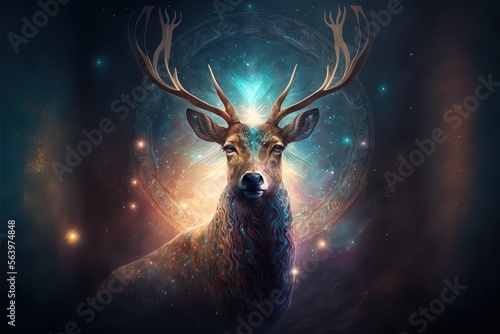 illustration numérique de cerf majestueux magique sur fond d'univers chamanique coloré