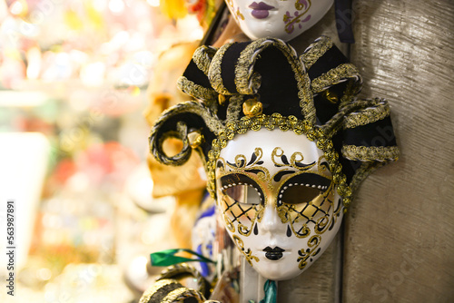 Carnival in Venice Italy. Traditional venetian carnival masks in the Italian market for tourists. trip to Italy, carnival 2023. selective focus.