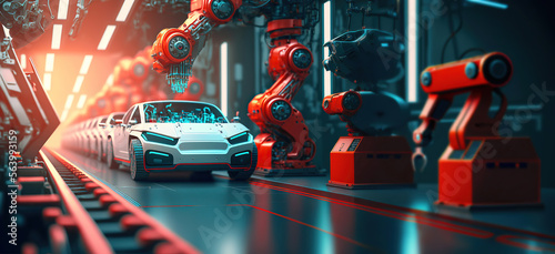 Automated robotics futuristic electric cars factory production line