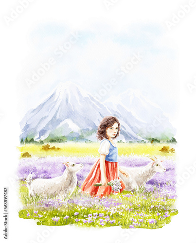 Watercolor fantasy cute girl Heidi walks through meadow with flowers in mountains with two goats friends isolated on white background. Hand drawn illustration sketch