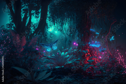 avatar pandora planet at night, neon glowing insects flying in jungle, glowing dots at plants and trees