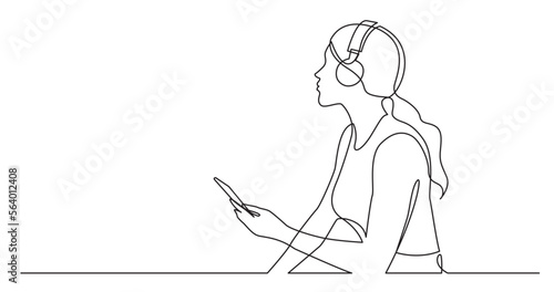 continuous line drawing vector illustration with FULLY EDITABLE STROKE of woman holding phone listening music in headphones