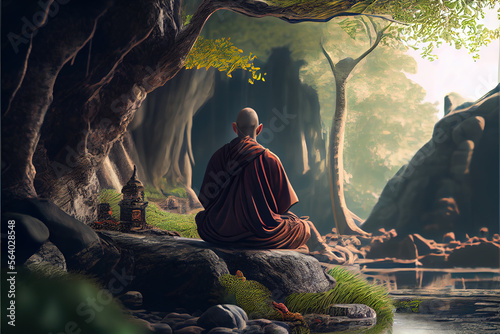 A Buddhist monk meditating in a serene natural setting. Religious observance and mindfulness. Generative AI