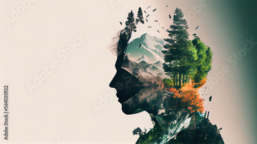 Double exposure of a human portrait and nature, ecology theme. Generative AI