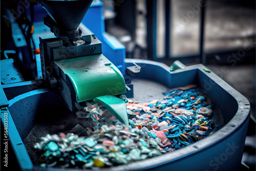 A close up of a recycling machine sorting plastic waste in a recycling factory, with a backdrop of conveyor belts. Generative AI