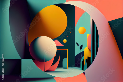 A surreal, abstract background featuring a blend of complementary and analogous colors and floating shapes. Generative AI