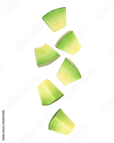 Slices of cantaloupe melon falling in the air isolated on transparent background. PNG