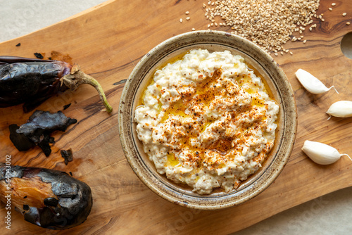 Mutabbal - middle eastern smoky eggplant and sesame dip sprinkled with berbere ethiopian spice blend.