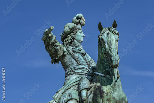 Equestrian statue of Louis XIV (1836) in front of Palace of Versailles. Palace Versailles was a royal chateau. Versailles, Paris, France. 