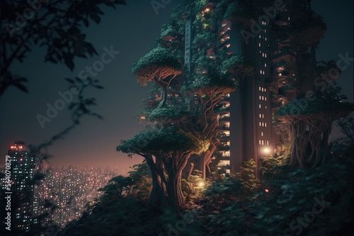 An abandoned city in the year 2045 at dusk which contains, giant trees, tiny soft fireflies, lush vegetation.