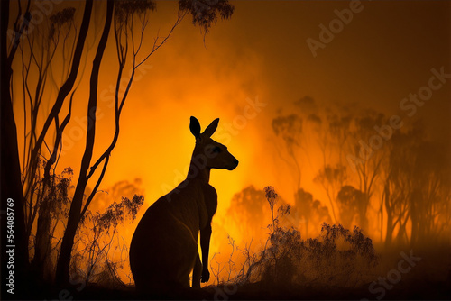 Australian bushfire with kangaroo silhouette created with generative AI